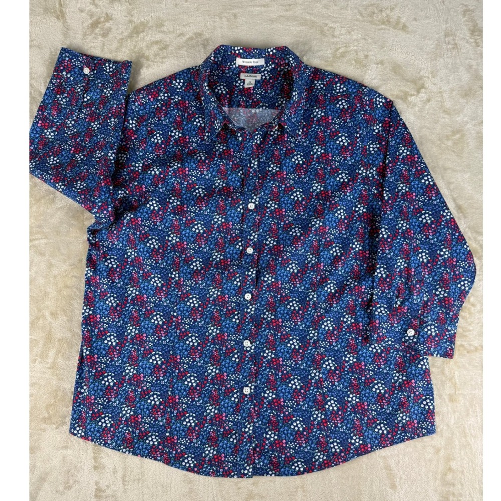 LL Bean Wrinkle Free Floral Button Down Shirt Blue Red White Cotton 1X